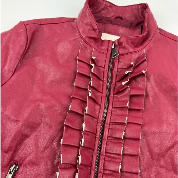 Evy's Tree Red Moto faux leather jacket size small The Zoe ruffle trim flanking - Picture 3 of 9